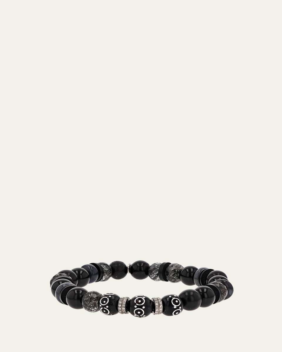 Black Mix 8mm Bead Bracelet with 4 Pave Diamond Rondelles